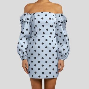Alexia Maria Katie Silk Faille Mini Dress Blue and Black Polka Dot Sz 10 NWT